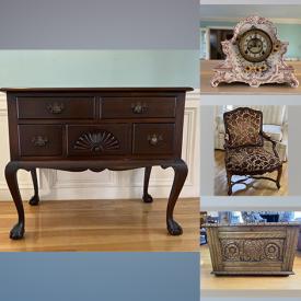 MaxSold Auction: This online auction features furniture such as carved wooden chest, Pale Green Loveseat, dark wood lowboy, leather desk chair, sewing machine in cabinet, glass lamps, Villeroy Dining ware and much more!