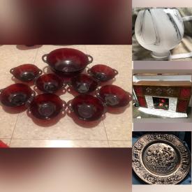 MaxSold Auction: The online auction features Vintage Ruby Red Large Fruit Bowl with 8 matching Berry Bowls, Black and white glass bowl/dome, Vintage coffee pot, Antique Floral China Spittoon, Vintage Koronette (German) Stereo cabinet with electric fireplace and built in bar and much more!