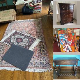 MaxSold Auction: This online auction features framed art, chairs, table, lamps, shoes, ornaments, rugs, desk, entertainment stand, sofa, cabinets, paintings, sleeves, trunk, books, fireplace tools, yoga equipment and much more!