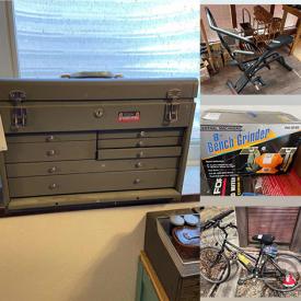 MaxSold Auction: This online auction features a Cushman solid wood desk, storage cubes, office supplies, wall art, blower for organ, electrical engineering equipment, Craftsman drill press, tools and much more!