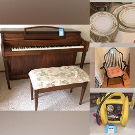 MaxSold Auction: This online auction features a patio set, dining table, table, storage cabinet, bed frame, side table, sofas, piano and bench, vacuum, lawn mower, frames, canvas painting, speakers, lamps, china set, glassware and much more!