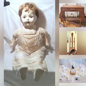 MaxSold Auction: This online auction features Avon tea set, china, picture frames, lighting fixtures, celluloid jewelry, toys, linens, antique porcelain doll, doll clothing, milk glass, books, costume jewelry, whatnot shelf, ceramic cats and much more!