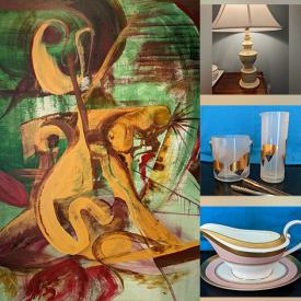 MaxSold Auction: This online auction features furniture such as an MCM nightstand, coffee table, pedestal table and more, paintings, art prints, picnic basket, Don Corleone pottery dish, Emanuel Ungaro bar set, Danskware, vases, Limoges, lamps, Pyrex, bird books, DVDs, board games and much more!