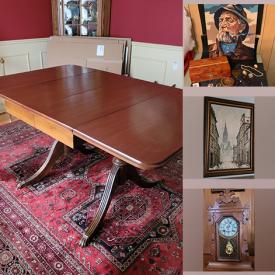 MaxSold Auction: This online auction features silver plate, acoustic guitar, furniture such as Sklar-Peppler wingback chairs, console table, buffet with hutch, sofa and wooden chairs, framed original art, glassware, area rugs, books, DVDs, CDs, hand tools, power tools, gardening supplies and much more!
