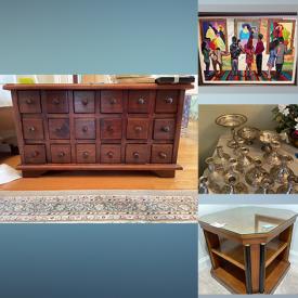 MaxSold Auction: This online auction includes Waterford crystal, sterling silver, fine china, home decor, lamps, furniture such as wooden chest of drawers, chairs, TV stand, cabinets, desk and side tables, glassware, signed wall art, and more!