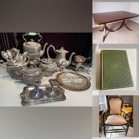 MaxSold Auction: This online auction features Indigenous art, sterling silver, antique silver plate, signed wall art, Royal Doulton, Limoges, costume jewelry, antique books, furniture such as antique armchair, walnut end table, antique dining table, and dining chairs, lamps, glassware and much more!