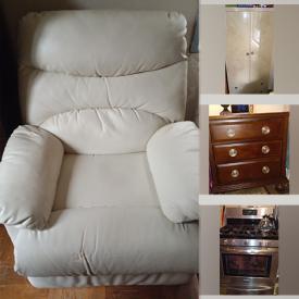 MaxSold Auction: This online auction features recliner, Armoire, Nightstand, Chest of drawers, Microwave, Baker's Storage Rack, Gas Range, Washer, Round Table, Chairs, TV, China and more!