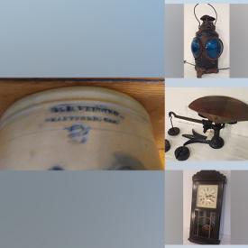 MaxSold Auction: This online auction features antique buggy lamp, antique goblets, vintage tins, antique crocks, signal lamps, wood coffee grinders, antique oil lamps, Quebec carvings, carved duck decoy, galvanized buckets, art prints, sad irons, vintage kitchen tools, puzzles, glass insulators, bicycles, jewelry and much more!