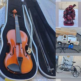 MaxSold Auction: This online auction features Bicycle, Toys, Craft Supplies, Lawnmower, Violin, Sewing Machine, Pin collection, Sports Card Collection, Vintage Suzuki, Art Glass, Crock, Stamps and much more!