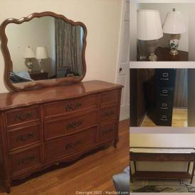 MaxSold Auction: This online auction features furniture, wall arts, collectibles, mirror, MCM dresser, lamps, stemware, Lladro, records, decanters, Trumpet, patio, bed frame, baskets, trunks, tires, rug and much more!