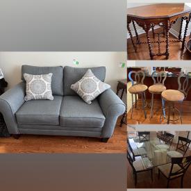 MaxSold Auction: This online auction features Love Seat, Wood Table, Table Lamp, Desk, Area Rug, Chair, Counter Stools, Coal port dishes, Room Divider, Ottoman, Table, Corner Cabinet, Dresser, Mirror, Seaweed King Bed, Tower Fan, TV, Rocking Chair, Print, Bike and much more!