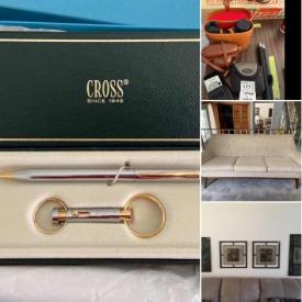 MaxSold Auction: This auction features items like couch, framed prints, armchair, table, serving dishes, flatware, dog care, linens, binoculars, camera, lamps, copperware, vase, motorcycle top case, dresser, coats, file cabinets, office chair and much more!