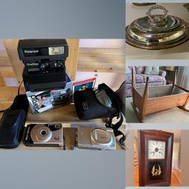 MaxSold Auction: This online auction features figurines, antique spinning wheel, chairs, wood shelving, tables, small kitchen appliances, pine entertainment center, framed prints, folding cot, Spode butter dish, lamps, accent chair and much more!