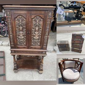 MaxSold Auction: This online auction features Vintage Sewing Machines, Vintage Furniture, Cedar Chests, Area Rug, Vintage Stained Glass Hanging Lamps, Porcelain Dolls, Vineyard Cart, NIB Collapsible Storage Bins, Teapots, New Display Stands and much more!