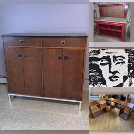 MaxSold Auction: This online auction features furniture such as MCM armoire, MCM end tables, Bassett dresser, vintage dresser with mirror and work bench, pottery, exercise equipment, original paintings, lamps, vintage cameras, Samsung Blu-Ray player, LP records, Pyrex, costume jewelry and much more!
