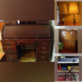 MaxSold Auction: This online auction features a dresser with mirror, table and chairs, wardrobe, oak bar, golf club, vintage typewriter, dual turntable, appliances such as electric stove, microwave, treadmill, tools and much more!