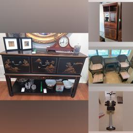 MaxSold Auction: This online auction features artworks, Asian decor, barware, fireplace tools, kitchenware, rugs, stereo system, Stamina in Motion rower, furniture such as Hekman wood media cabinets, tables, dining set, wicker patio set, armoire, couch and much more!