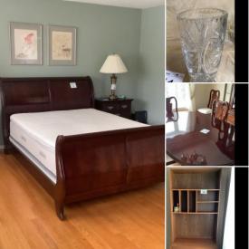 MaxSold Auction: This online auction includes crystalware, furniture such as Thomasville cherry collection sleigh bed, side tables, dining set and tallboy dresser, teak wall unit, couches, filing cabinets, and kitchen island, watercolour artwork, area rugs, costume jewelry, lamps, small kitchen appliances, Weber BBQ, glassware, Dell laptop, and much more!