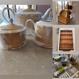 MaxSold Auction: This online auction features kitchenware such as soup serving bowls and serving plate, a tea set, serving platters, coffee set, spoon rack and various kitchen gadgets. Includes custom earrings, watches and wall decor and much more!