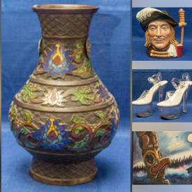 MaxSold Auction: This online auction features framed brass rubbing, Toby mug, porcelain decorative plates, art glass, studio pottery, vintage Japanese wine jar, vintage jade sculpture, Fiestaware, coins, jewelry, ukulele, and much more!