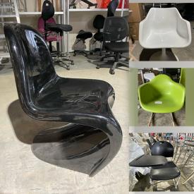 MaxSold Auction: This online auction features Eames style chairs, tablet armchairs, plastic chairs, fiberglass chair, swivel chair, piano bench, leather stacking chair and much more!