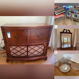 MaxSold Auction: This online auction features household items such as clocks, plants, candle holder, glassware, wall mirrors, round tables and kitchen items. This also includes furniture such a bed and metal outdoor tables, cabinets, and nightstand. Included treadmill, stereo equipment and much more!