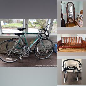 MaxSold Auction: This online auction features various items such as bike, walker, dresser, plastic bins, wall art, tables, candle holder, speaker, mirror, coat rack, cups, plates, music box, table linens, cedar chest, crate, wooden décor, dinnerware, recliner lifter, nativity, metal tray, sculpture, statues, vases and much more.