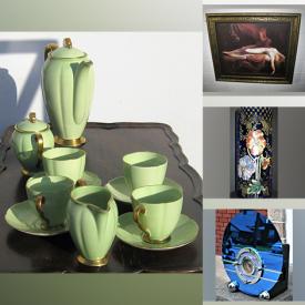 MaxSold Auction: This online auction features Art Deco furnishings, framed wall art, art glass, antique stained leaded glass window, studio pottery, wood carvings, acoustic guitars, hand drum, advertising posters, soapstone carvings and much more!