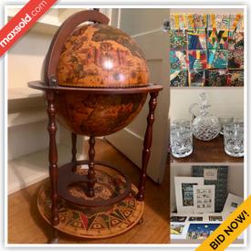 MaxSold Auction: This online auction features 1916 Encyclopedia Britannica, glassware, crystal, china, quilt, world globe bar, mid-century china, mid-century dresser, runner, rugs and much more!