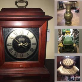 MaxSold Auction: This online auction features wooden cabinets, bookcase, hall stand, wooden table and wooden dresser. Also includes side tables, telephone table, shelf, chair, and love seat. Includes Lamps, mirror topper, Davenport desk and much more!