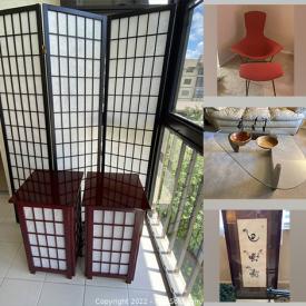 MaxSold Auction: This online auction features Shoji screen, Ikea loungers, tower jewelry case, lawnmower, nightstands, mid-century table & chairs, TV, Harry Bertoia chairs, and much, much, more!!