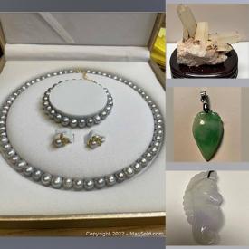 MaxSold Auction: This online auction features gemstone jewelry such as pearls, jade, quartz, silver, turquoise, amethyst, onyx, and crystal towers, jade beads, and much more!!