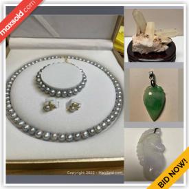 MaxSold Auction: This online auction features gemstone jewelry such as pearls, jade, quartz, silver, turquoise, amethyst, onyx, and crystal towers, jade beads, and much more!!