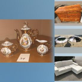 MaxSold Auction: This auction features leather couch, dining table, chairs, coffee table, wardrobe, antique vanity, oak buffet, tallboy, maple hutch, queen bed frame, coffee machine, lamps, vases, creamer and sugar, stemware, kitchenware, garden bench, rototiller, lawn mower, demijohns, vacuum, china and more!