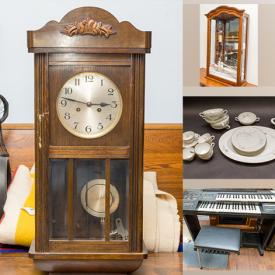 MaxSold Auction: This online auction includes a mission-style blanket box, Gretchen Don Simpson print, swag lamps, hand tools, assorted books, china, Bunker Hill digital safe, Limoges, sterling silver, demi-lune revival style table, antique wooden wall clock, Yamaha electone and much more!