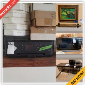 MaxSold Auction: This online auction features various items such as ceramics, collectibles, tables, cabinets, stools, fans, dolls, chairs, toys, clocks, ornaments, speakers, candle holders, microwaves, printers, records, bookshelf, mugs and much more.