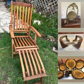 MaxSold Auction: This online auction features MCM place settings, vintage pyrex, wrought iron table, teak folding lounger, MCM swivel chair, lamps, Royal Doulton toby jugs, candelabras, serving plates, copper tray, Pyrex glass pot, textured glassware and much more!