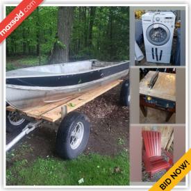 MaxSold Auction: This online auction features 14ft Boat, trampoline, collector plates, video game system, sports equipment, DVDs, outerwear, washer, dryer, art supplies, wooden rocking horse, power tools, Muskoka style chair, boats, DVDs, children\'s books, bikes, and much more!