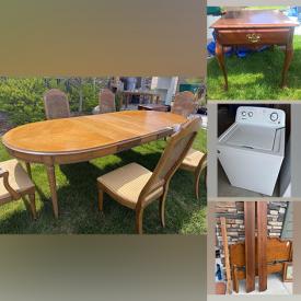 MaxSold Auction: This online auction features Drexel Dining Table, Coir Rug, Basket, End table, Kitchen Items, Sofa, Console Table, Brass Lamps, Amana Washer, Ball Caps, Kitchen Grinder, Scale, Luggage, Vintage Console, Flat Screen and much more!