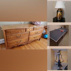 MaxSold Auction: This online auction features furniture such as dressers, tables, benches, Pingpong table, desk, dining set, sofa table, chairs and more, lamps, kitchenware, dog items, Royal Worcester, wall art, Mikasa plates, toys, guitars, exercise equipment, sports equipment and much more!