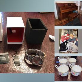 MaxSold Auction: This online auction features Yamaha piano, war memorabilia, crystal ware, fine china, sterling silver, antique wall art, furniture such as rattan patio set, Ethan Allen coffee table and Chauncey side chairs, antique dresser, and changing table, lamps, glassware, pottery, shelving units and much more!