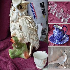 MaxSold Auction: This online auction features lead crystal vases, blue delft pieces, collector plates, art glass, shell table lamp, porcelain flowers, dining room furniture, carved wood tables, antique settee, brass bed, vintage display cases, Tiffany-style lampshade, onyx table lamp and much more!