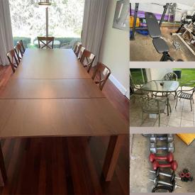 MaxSold Auction: This online auction features a extendable dining table, console, stools, Hampton Bay set, This End Up furniture, computer speakers, Gold&#39;s Gym bench, weights, Nikon cameras, kitchenware, Res-Q ladder, chainsaw and more!