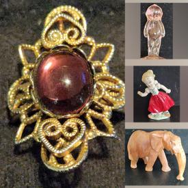 MaxSold Auction: This online auction features antique jewelry, coin, action figures, costume jewelry, hat pins, vintage lighters, vintage whistles, art glass, studio pottery, milk glass, depression glass, vintage perfume bottles, wood carvings and much more!