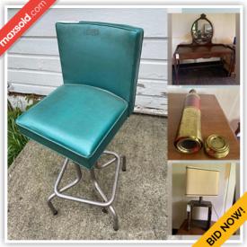 MaxSold Auction: This online auction features framed artwork, sterling silver Kokopelli pin, furniture such as dressers with mirrors, antique armchairs, accordion stowaway table, vintage Ethan Allen hutch and MCM bar stool, mantel clocks, lamps, books and much more!