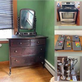 MaxSold Auction: This online auction features US history memorabilia, NES games, sterling silver, vintage tins, collector dolls, Hotpoint refrigerator, Frigidaire stove, entertainment cabinet, antique murphy bed, wall art, vintage flatware, Christmas decor, milk glass, books, small kitchen appliances, antique tools, costume jewelry and much more!