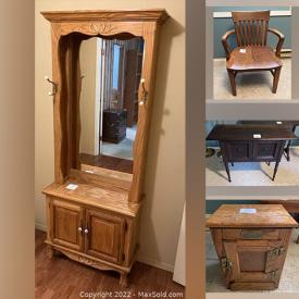 MaxSold Auction: This online auction features bedroom furniture, Art Deco style dining table & chairs, oak furniture, icebox, secretary desk, office supplies, studio pottery, vintage hutch, soapstone sculpture, patio furniture, small kitchen appliances and much more!