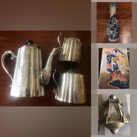 MaxSold Auction: This online auction features tea sets, planters, silverware, vintage teapots, trays, glassware, antique prints, vases, carved wood art, nativity pieces, Asian plates, embroidered cloth, decorative lamps, carved trunk and much more!