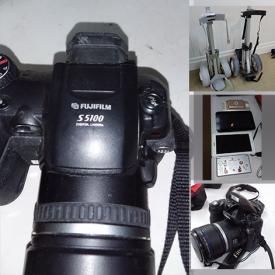 MaxSold Auction: This online auction features a collection of cameras such as, Fuji film, Canon, and Lumix. Includes video recorders, tablets, gaming consoles such as Nintendo DS, DVD players, and Tv. Includes tape recorder, walkie-talkies, stereo, and Bsr turntables. Includes power tools such as drill, hedge trimmers and sanders. Also includes sewing machine, emergency kits, battery charger and much more!