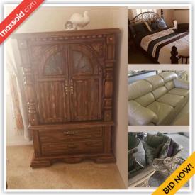 MaxSold Auction: This online auction features bed, dresser, table, lamps, chair, sofa, patio sofa, shelf, picture frame, glassware, kitchenware, TV and much more!